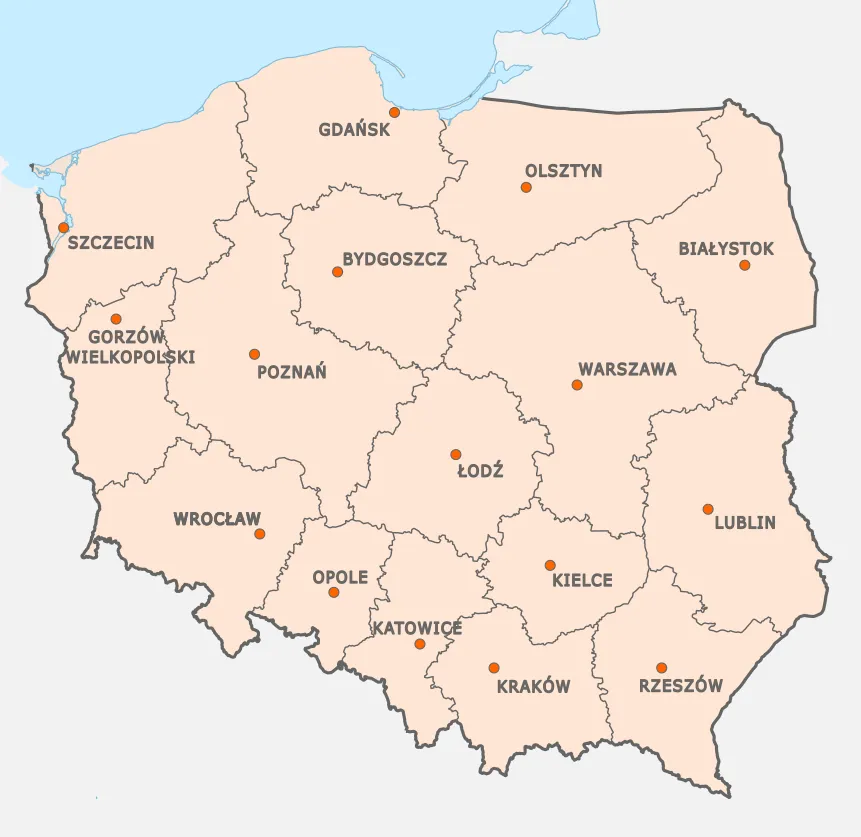 Polska, Gdańsk, Szczecin, Gorzów Wlkp., Wrocław, Poznań, Bydgoszcz, Warszawa, Kraków, Łódź, Lublin, Katowice, Białystok, Olsztyn, Rzeszów, Opole